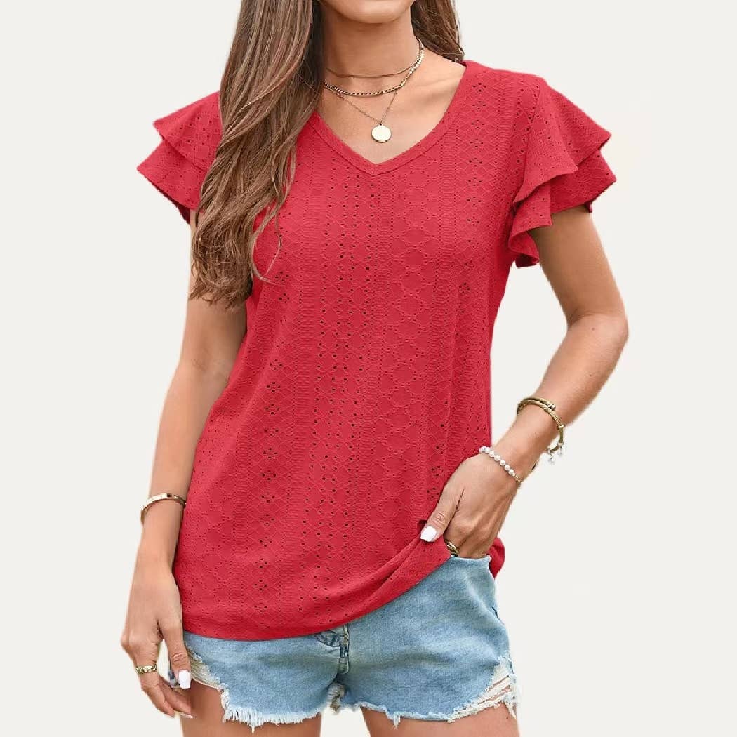 Chic Ruffle V Neck Pierced Pointelle Sheer Short Sleeve Top: BLACK / XL