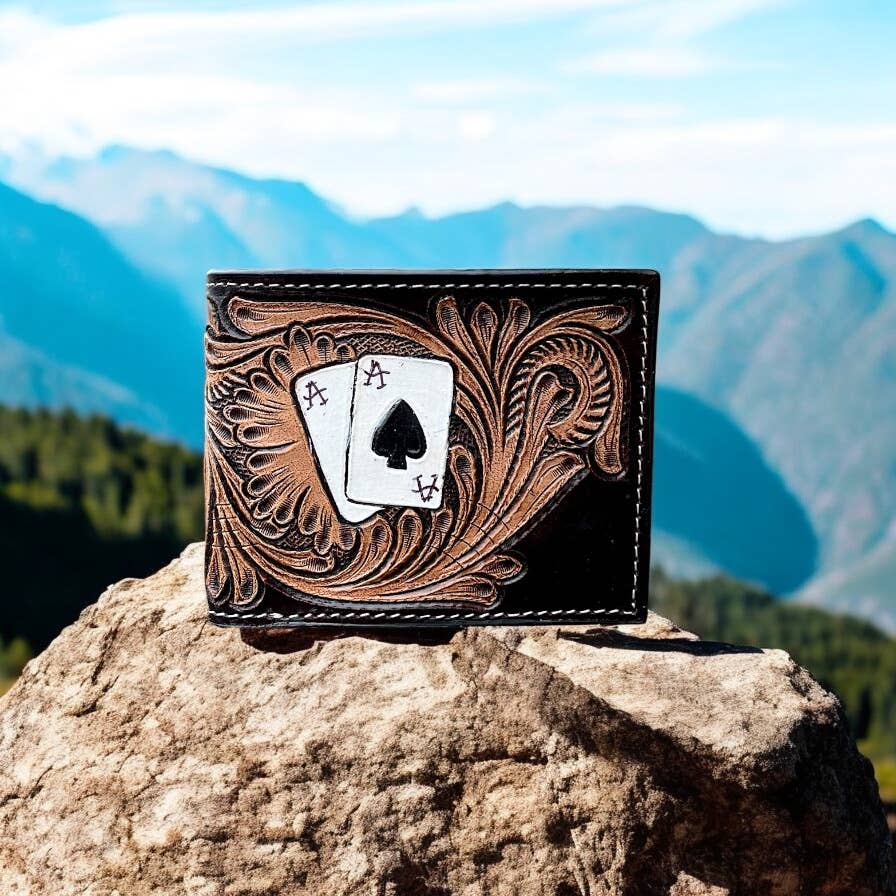 Western Linens - Aces Tooled leather men’s wallet 