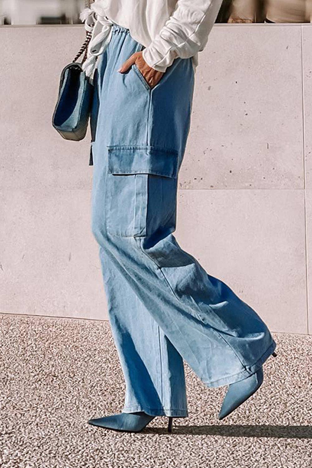 FULL TIME PURCHASE - Drawstring High Waist Cargo Pocket Wide Leg Jeans: Blue