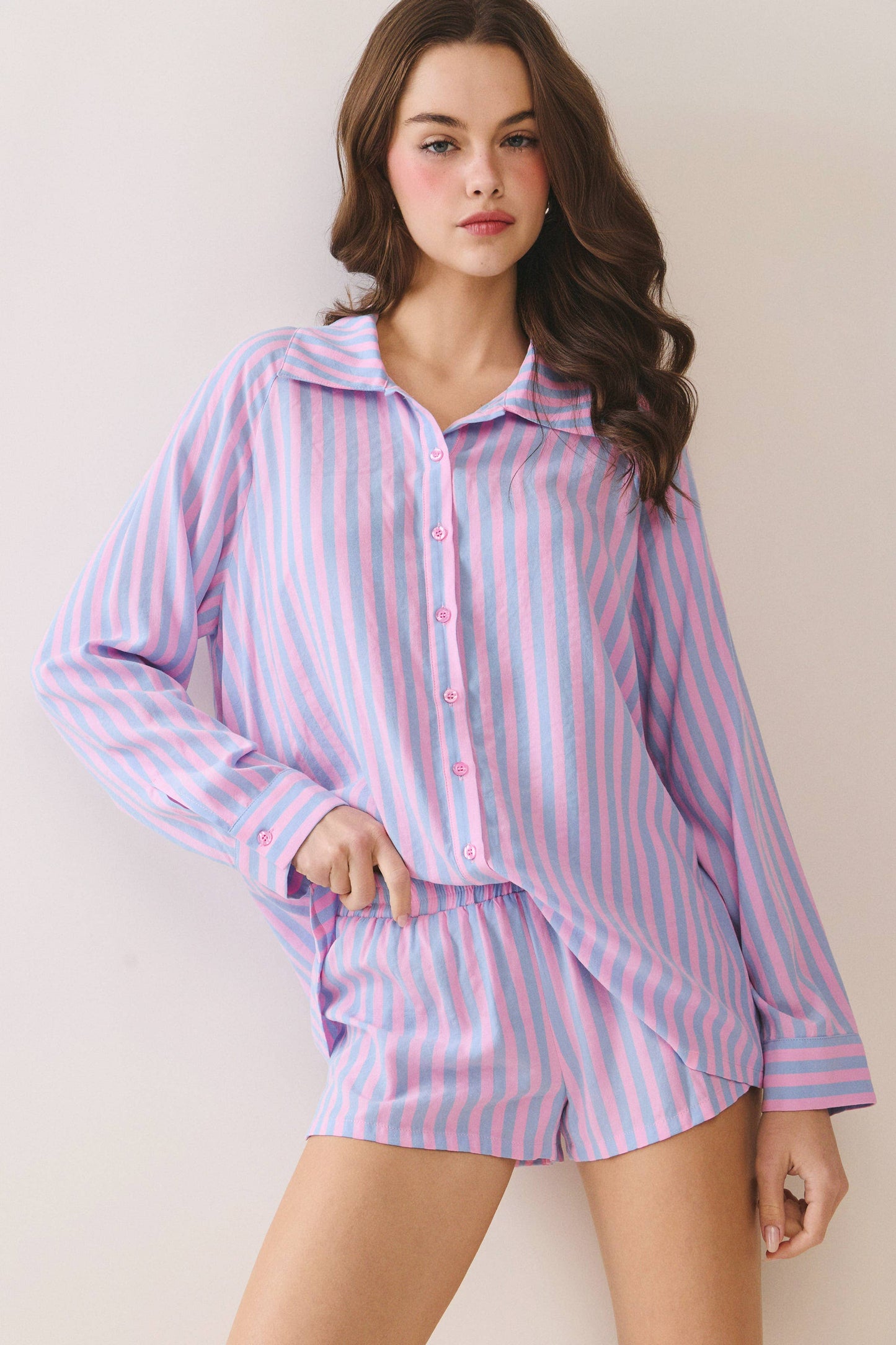 TCEC - CST1047-Striped Button Up Shirt and Matching Shorts Set