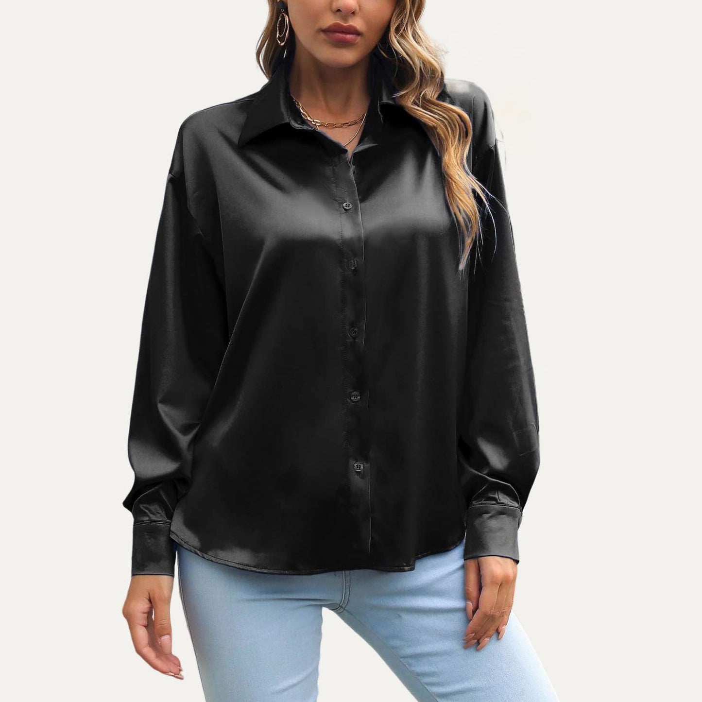 The Moment Collection - Easy To See Satin Long Sleeve Button-Up Top