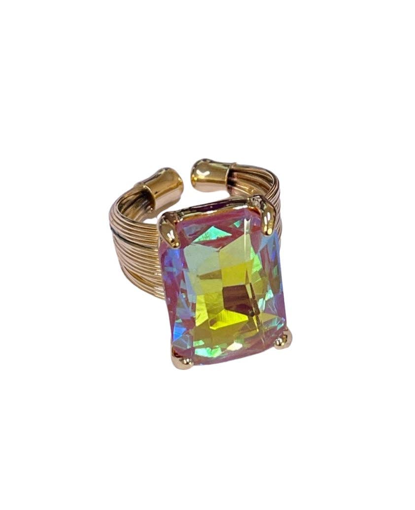 1CNC K075 * Gold and coral AB rectangle rhinestone ring