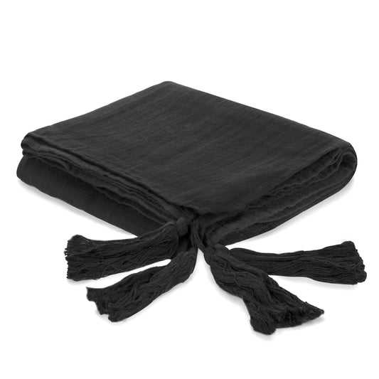 Modern Burlap - Organic Cotton Muslin XL Throw Blanket - Onyx Tassels