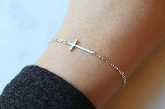 Laalee Jewelry - Silver Sideways Cross Bracelet, First Communion Gift Easter