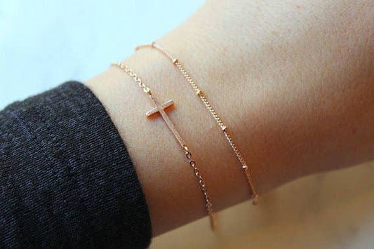 Laalee Jewelry - Dainty Bracelet Set Rose Gold Sideways Cross