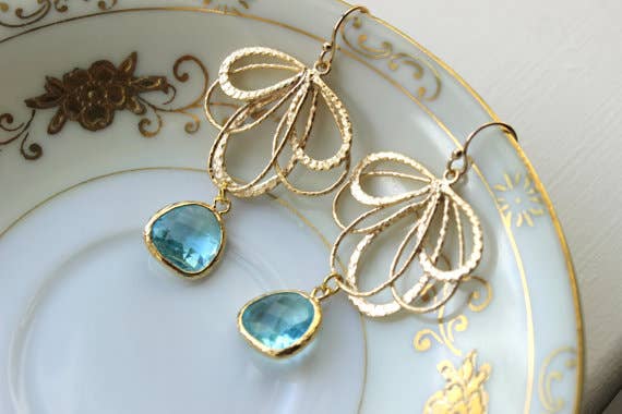 Laalee Jewelry - Aquamarine Earrings Gold Feather