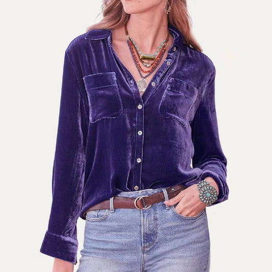 Classic Solid Velet Collared Buttons Down Long Sleeve Top: Purple / S