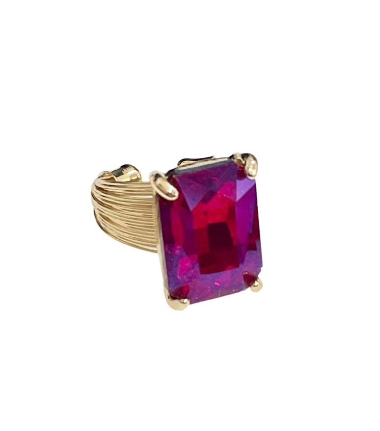 1CNC J151 * Gold and fuchsia AB rectangle rhinestone ring