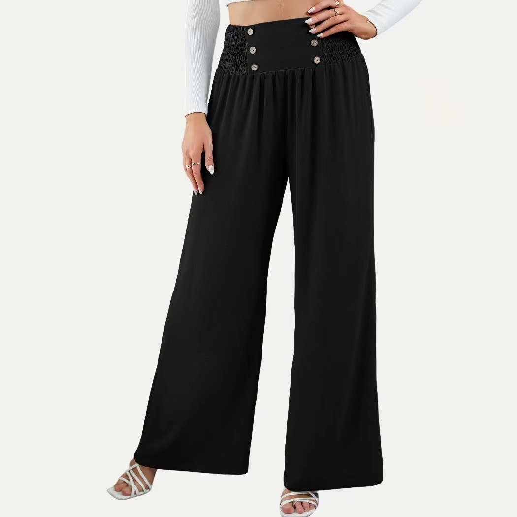 Casual Solid Color High Waist Wide-Leg Pants: BLACK