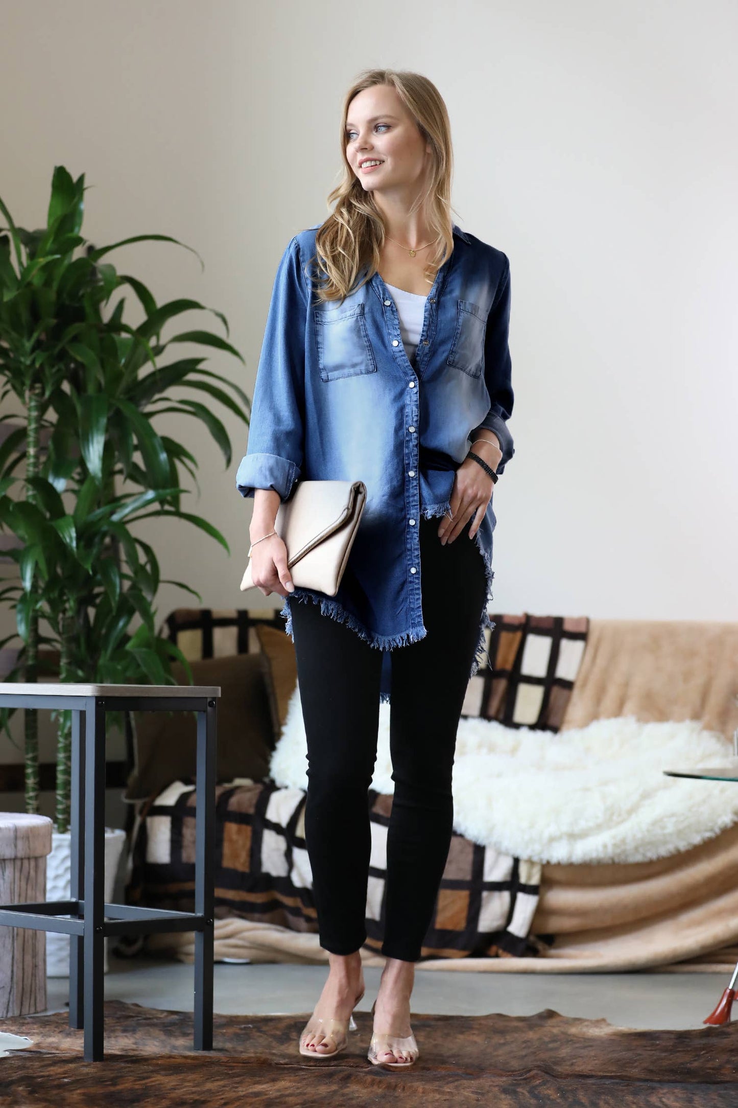 Chambray Frayed Hem Longline Shirts