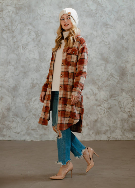 Rust, Cream & Brown Plaid Long Flannel