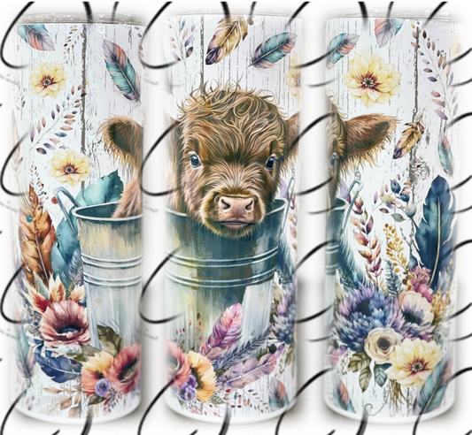 CMD Wholesale - Boho Bucket Highland Cow 20oz Skinny Tumbler