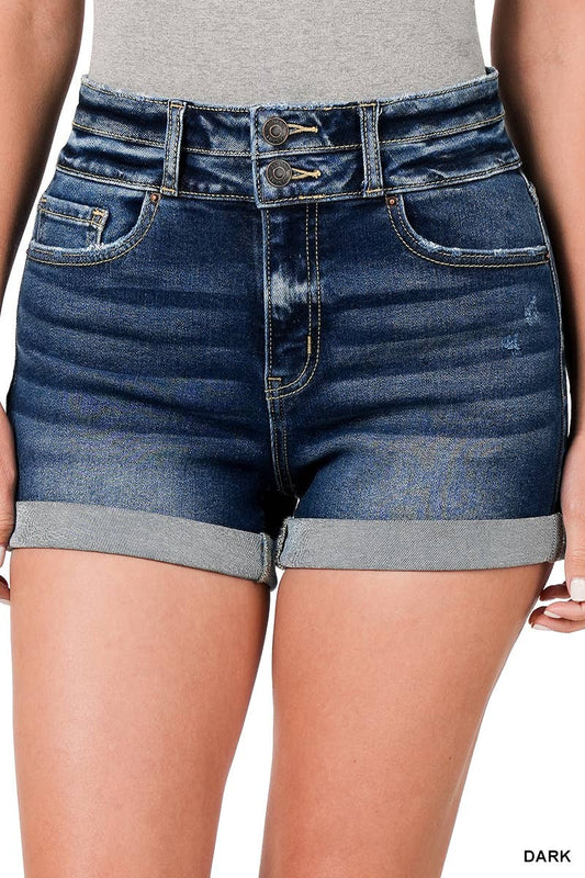 42POPS - ....SI-23565 CUFFED DOUBLE BUTTON DENIM SHORTS