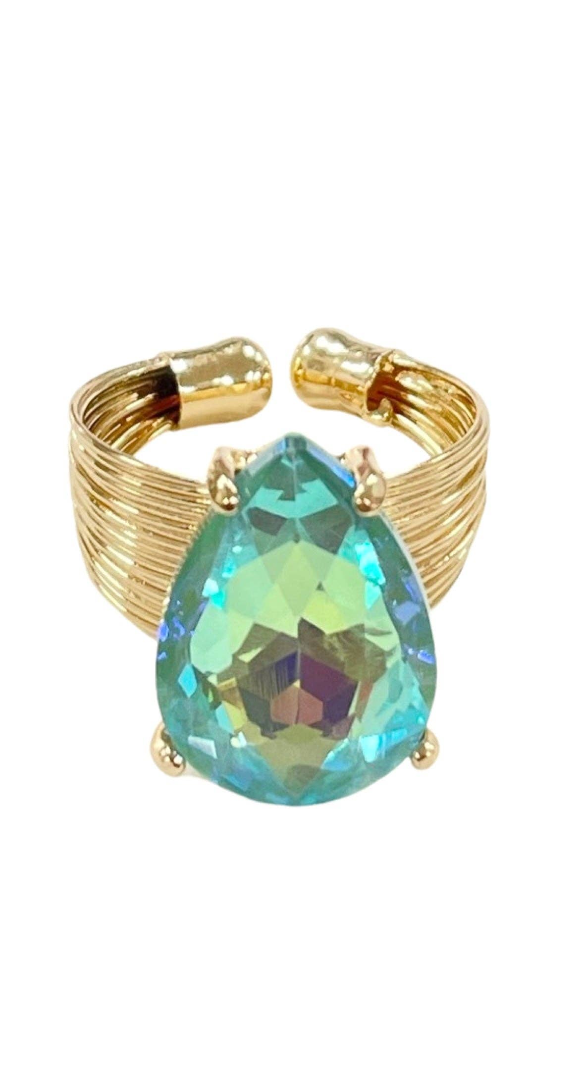 1CNC P121 * Gold and mint AB teardrop rhinestone ring