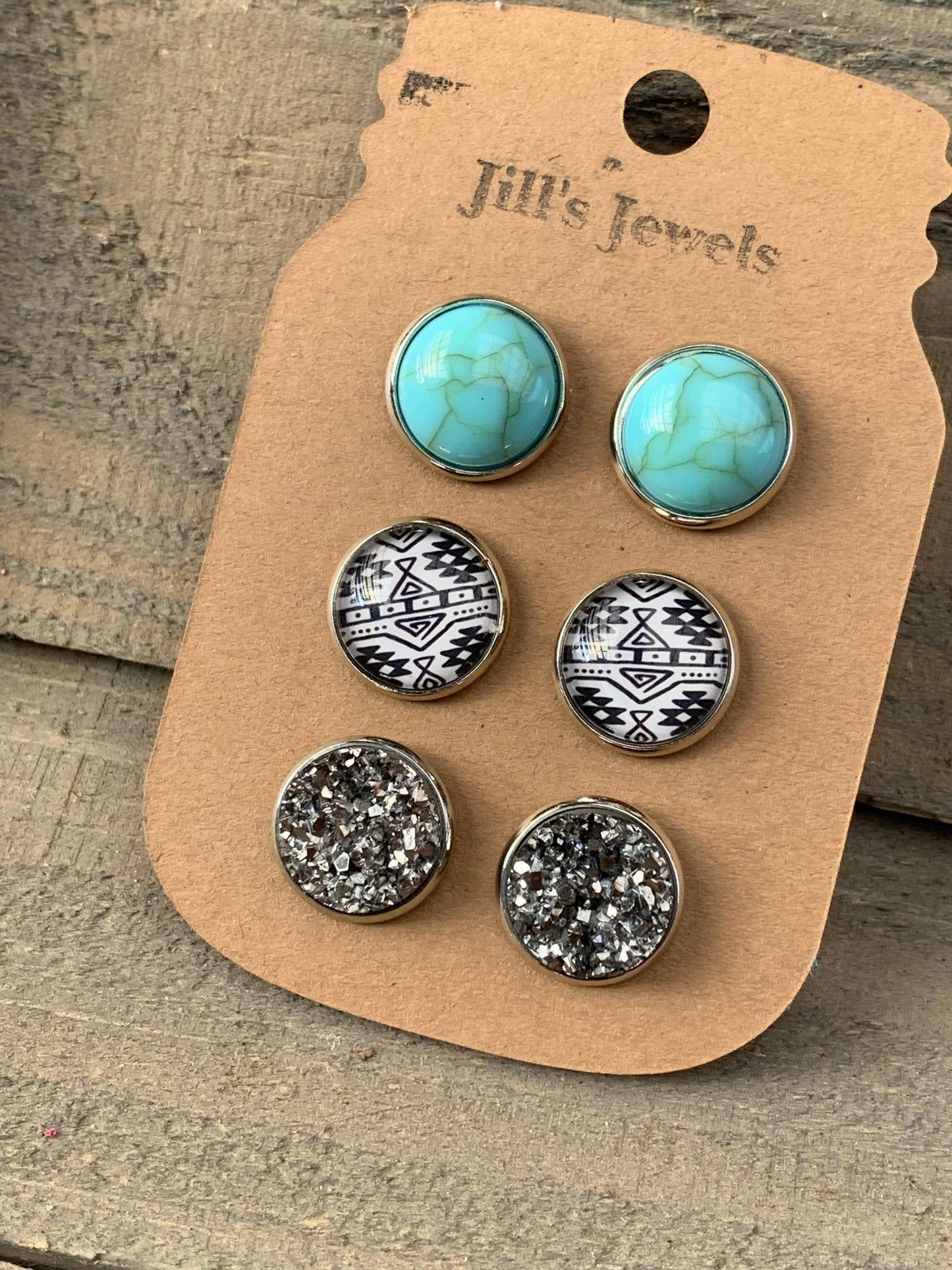 Jill's Jewels - Black and White Aztec Faux Turquoise Druzy 3 Earring Set