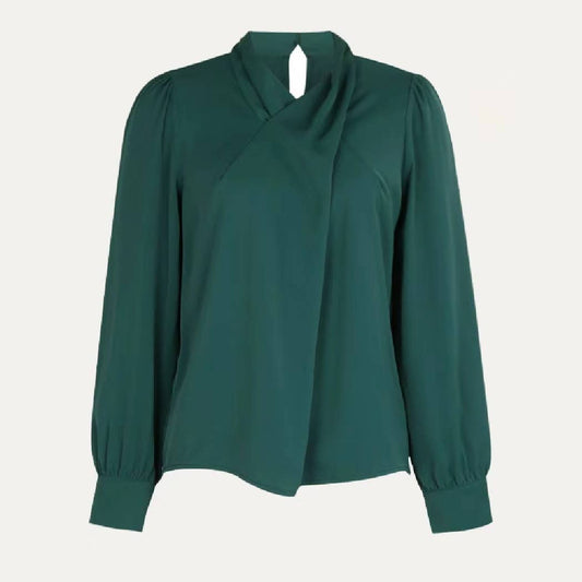 Graceful Dark Green Halter Neck Long Sleeve Top: Dark Green