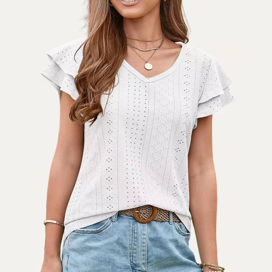 Chic Ruffle V Neck Pierced Pointelle Sheer Short Sleeve Top: WHITE / L