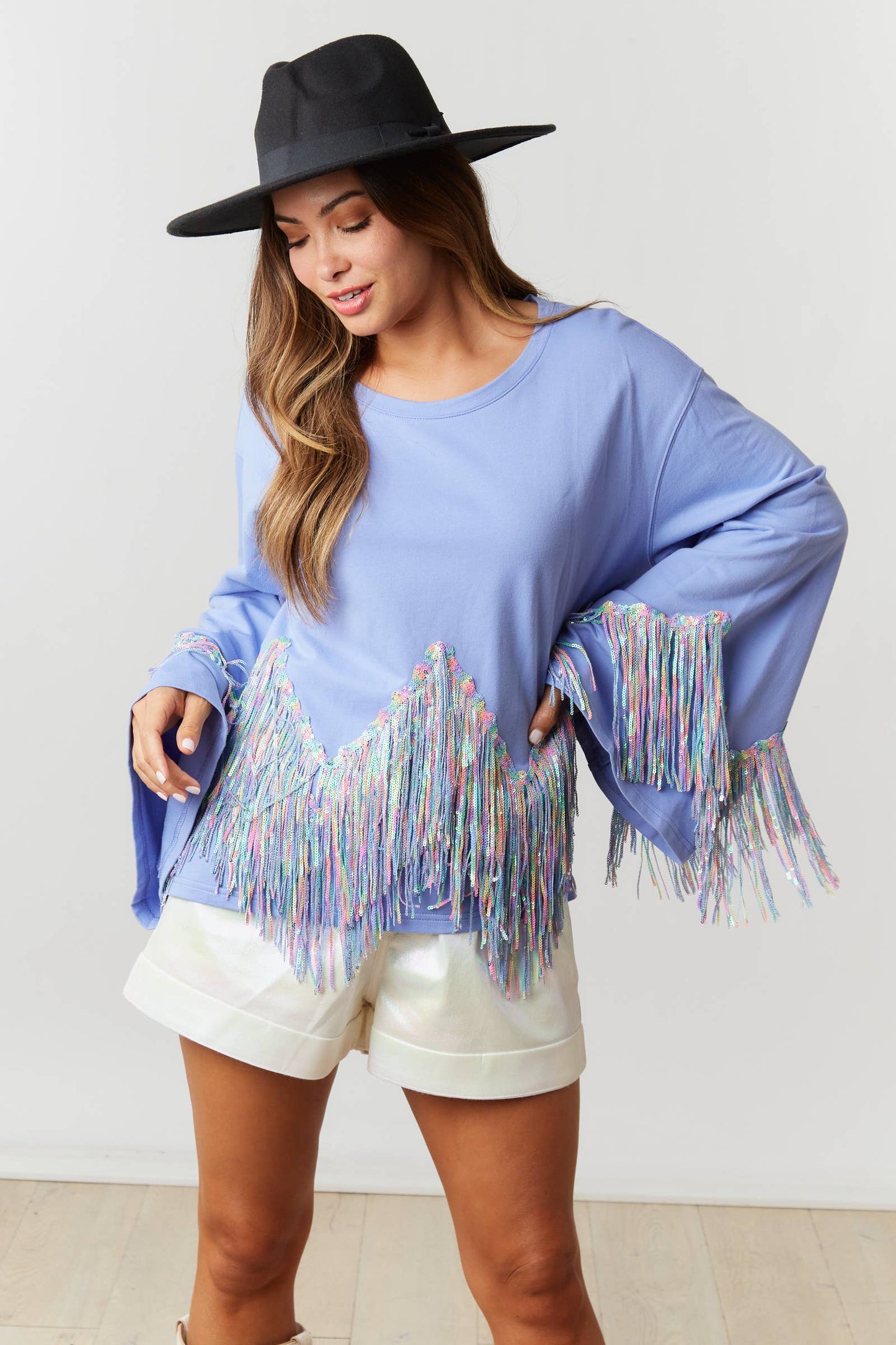 Fantastic Fawn - French Terry Top with Zigzag Sequin Fringe - IFKT54434-01 -