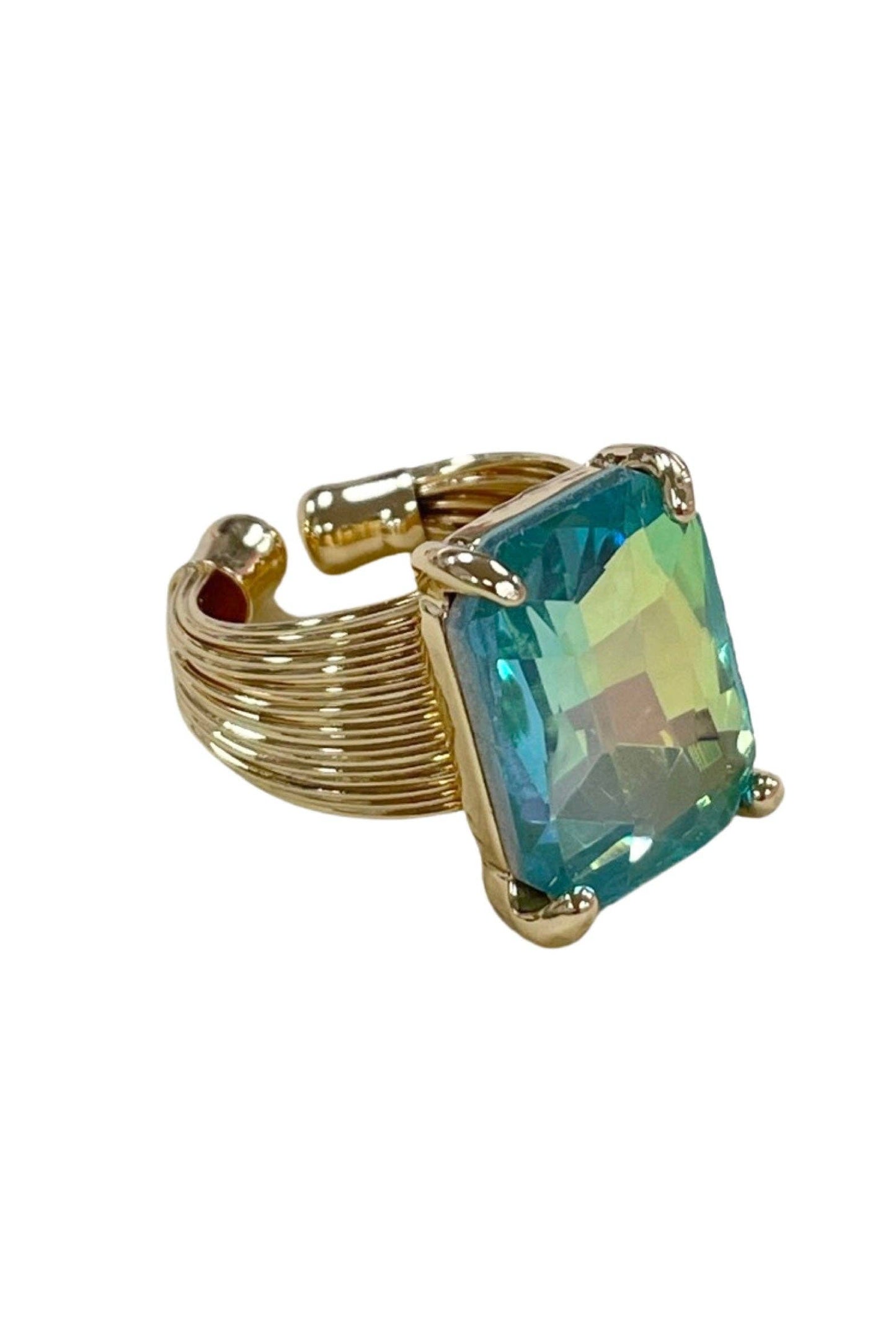 1CNC P122 * Gold and mint AB rectangle rhinestone ring