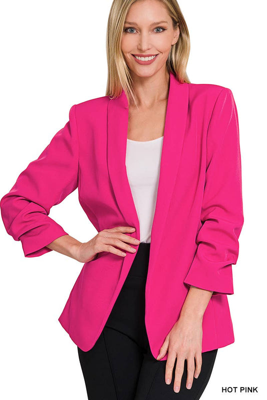 42POPS - SC151915 WOVEN 3/4 RUCHED SLEEVE OPEN FRONT CLASSIC BLAZER