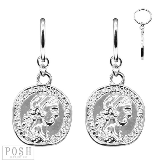 Posh Jewelry Co - 9PE051 * Small Greek Coin on Pin Catch Hoop Earring