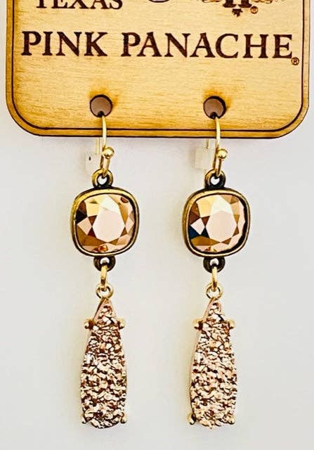 1CNC D097 * 10mm bronze/rose gold cushion cut connector with rose gold druzy teardrop on french wire earrings