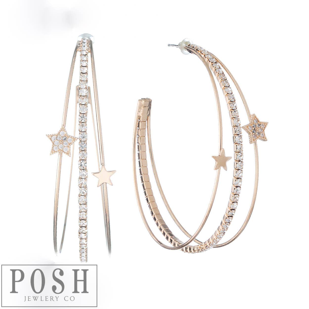 Posh Jewelry Co - 9PE166 *Triple Hoop Rhinestone Earring With Stars