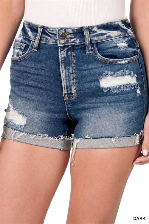 MYS Wholesale Inc - ZE-DOP-1585A - DISTRESSED CUFFED RAW HEM DENIM SHORTS