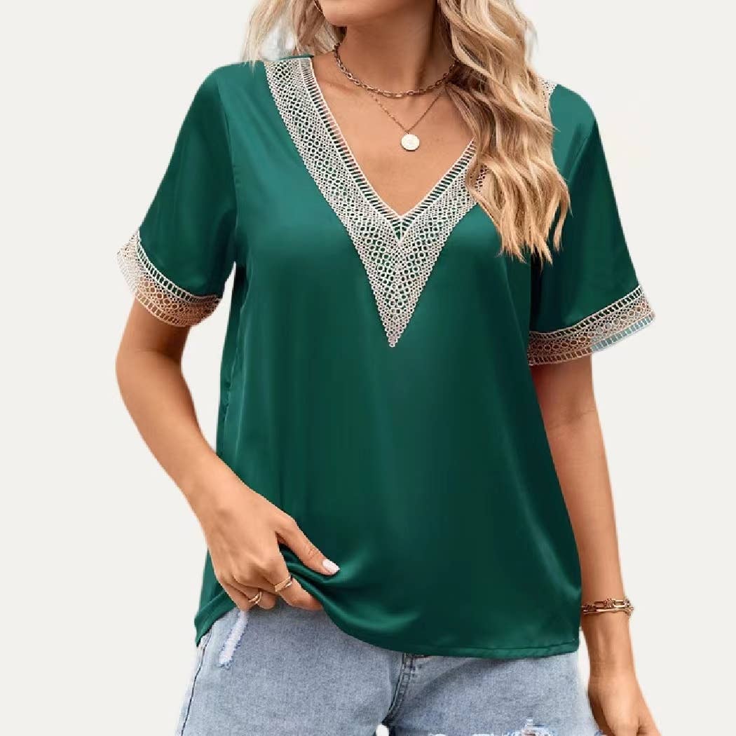 Be Brave V Neck Short Sleeve Woven Top: DARK GREEN