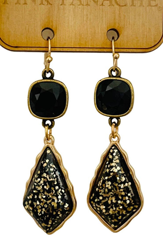 1CNC B146 * 10mm bronze/black cushion cut connector on black diamond shape teardrop earring