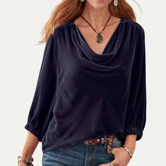 Solid Velvet Drap Neckline Three-Quarters Sleeves Top: