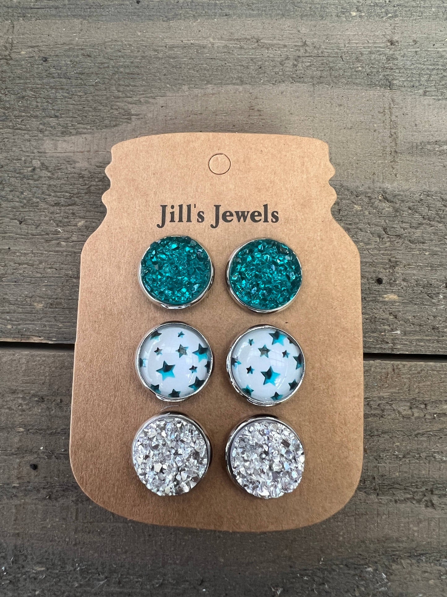 Jill's Jewels - Teal Green and Silver Star Trio Faux Druzy 3 Earring Set