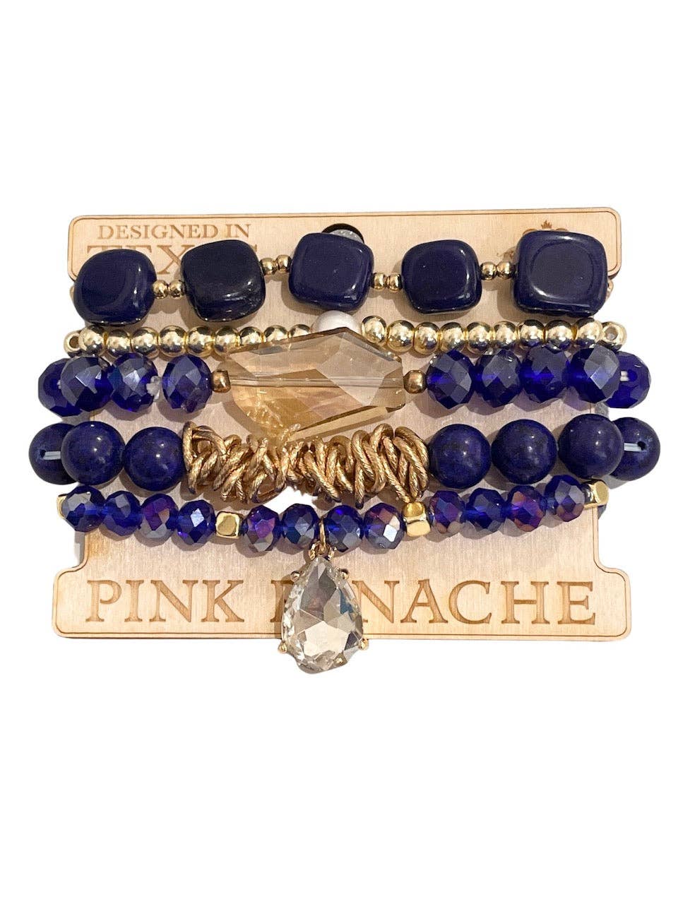 1CNC N022 * 5-strand navy crystal, stone and gold bead bracelet with clear rhinestone teardrop charm