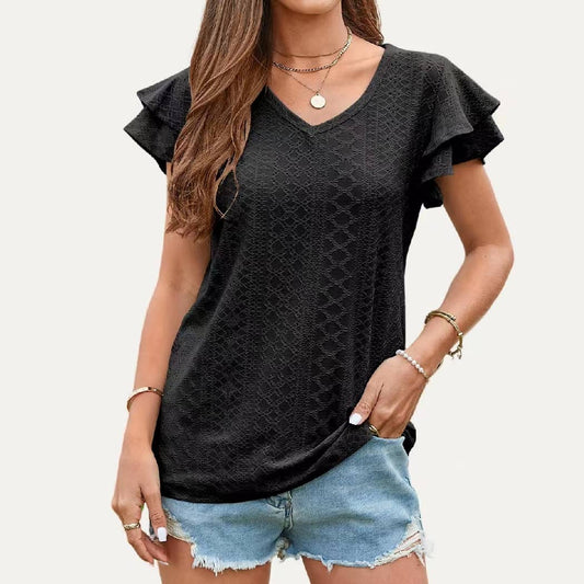 Chic Ruffle V Neck Pierced Pointelle Sheer Short Sleeve Top: BLACK / XXL