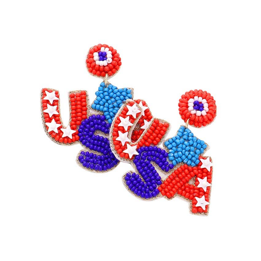 Madeline Love - Felt Back Seed Beaded Star Flag USA Message Earrings