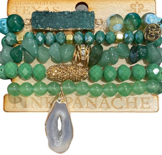 1CNC P069 * 5-strand green stone and crystal bead bracelet with druzy charms