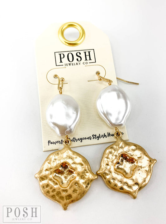 Posh Jewelry Co - 9PE096* Flat Pearlized Bead and Coin Drop Earring