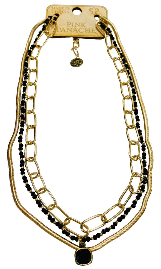 1CNC B181 * 3-strand gold link, gold round snake chain and black bead necklace with 8mm bronze/black cushion cut drop