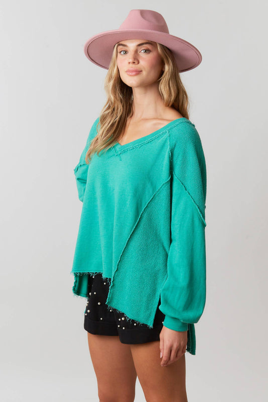 Fantastic Fawn - Mineral Wash V-Neck Long Sleeve Top  - FKT54442-01 -