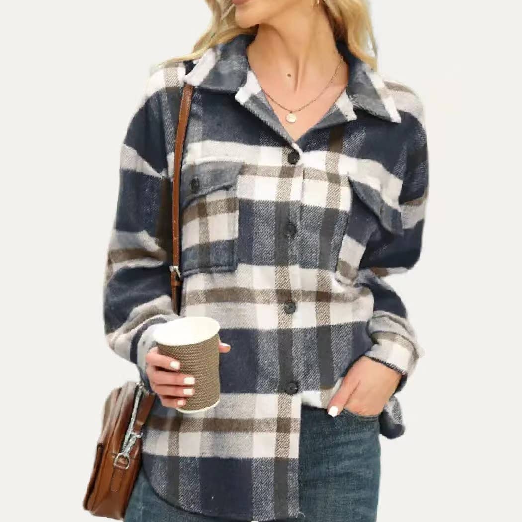 Classic Multi Plaid Collared Button Down Shacket Navy