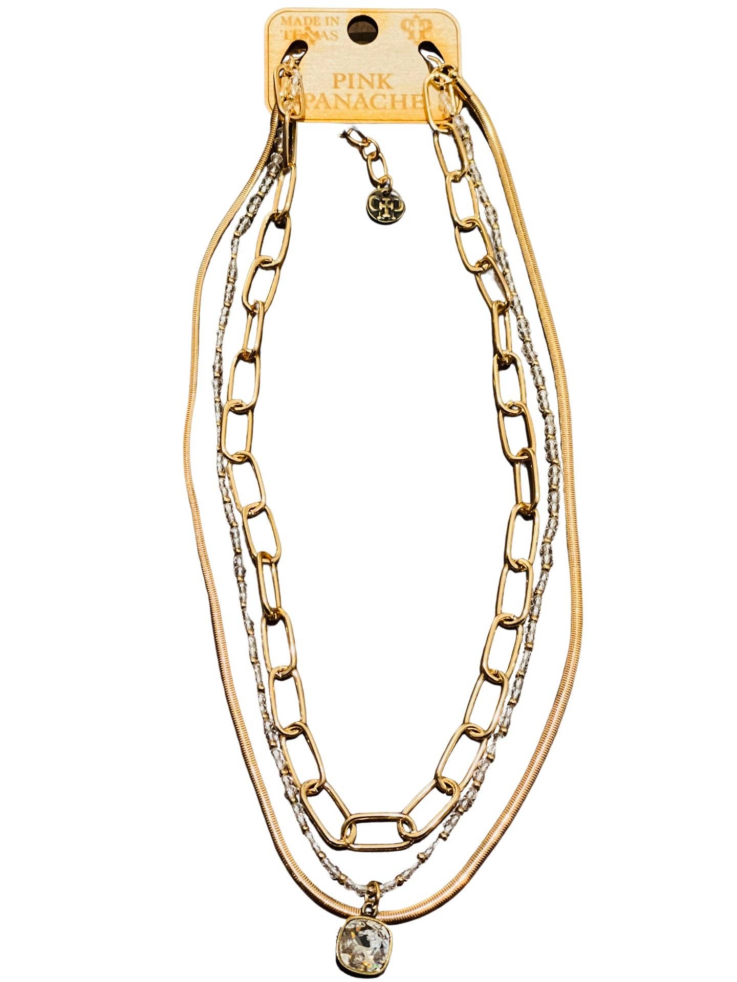 1CNC F157 * 3-strand gold link, gold round snake chain and clear bead necklace with 10mm bronze/clear cushion cut drop