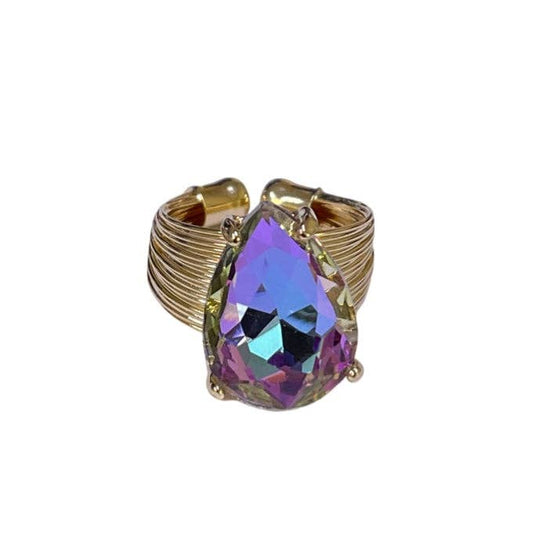 1CNC E137 * Gold adjustable ring with lavender AB teardrop rhinestone