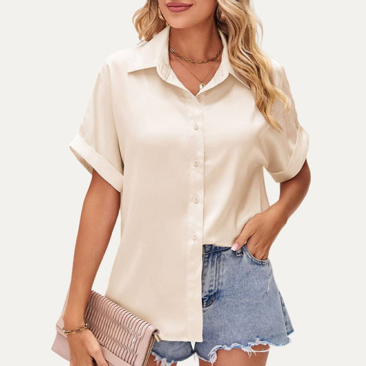 The Moment Collection - Apricot Causal Time Button-Up Short Sleeve Collared Satin Shirt