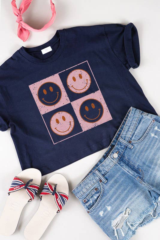 WOMEN SMILEY FACE GRAPHIC CROP TEES