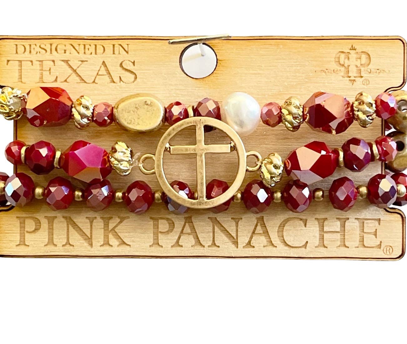 1CNC J101 * 3-strand fuchsia crystal, pearl and gold bead bracelet with circle cross medallion