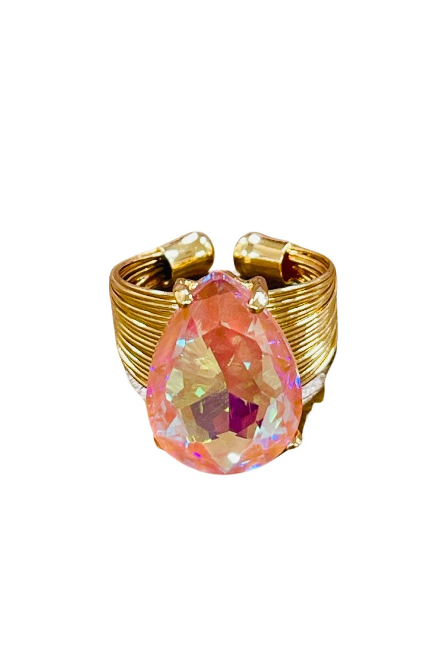 1CNC D188 * Gold and pink AB teardrop rhinestone ring