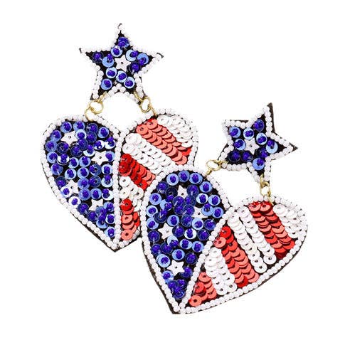 Madeline Love - Seed Bead Star Heart American USA Flag Dangle Earrings Star Heart Seed Bead USA Flag Earrings