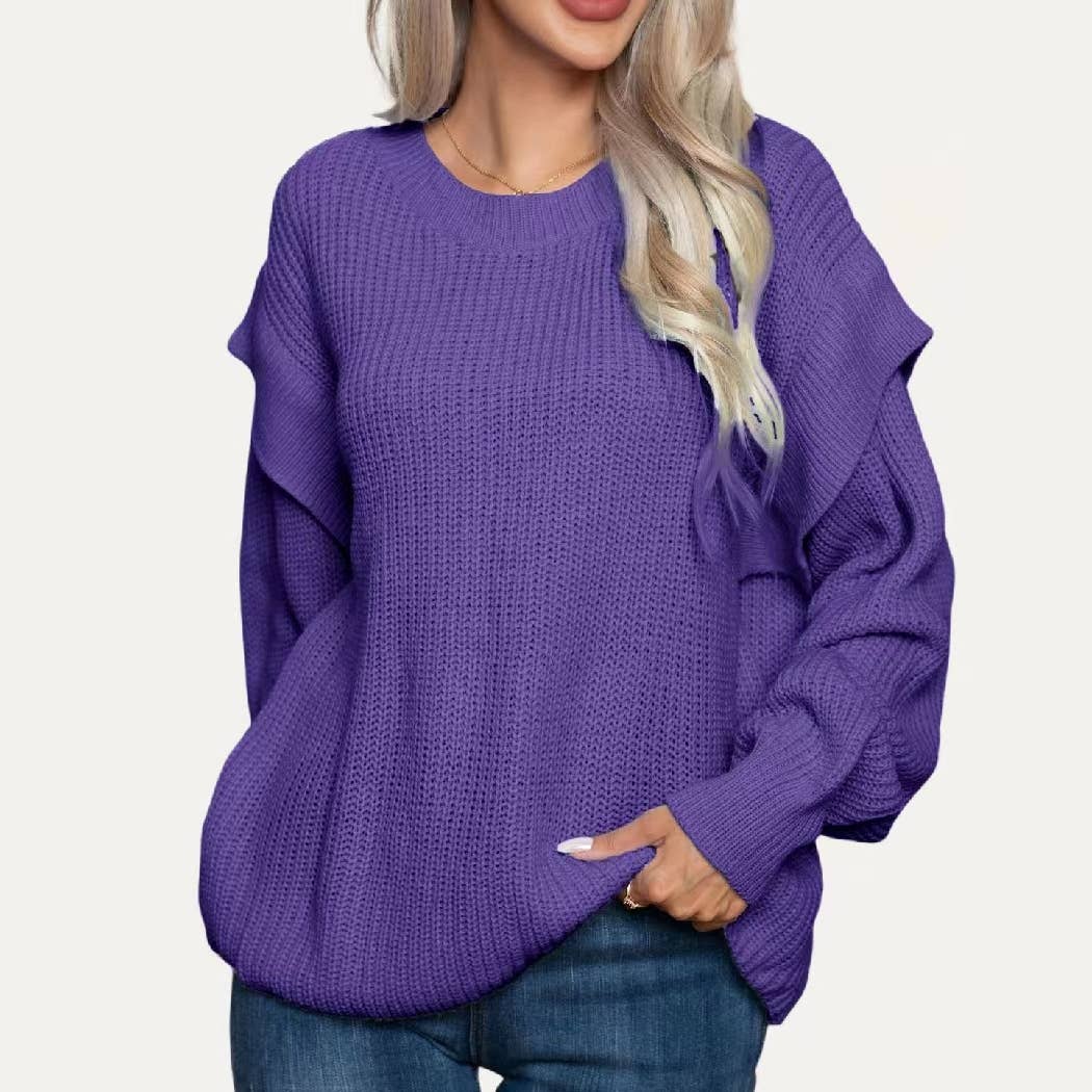 Classic Solid Round Neck Drop Shoulder Long Sleeve Sweater: Purple