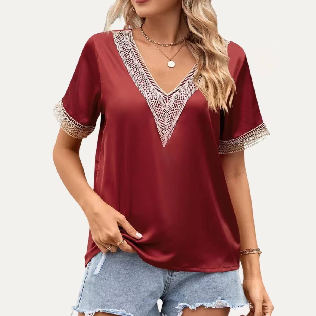 Be Brave V Neck Short Sleeve Woven Top: DARK RED