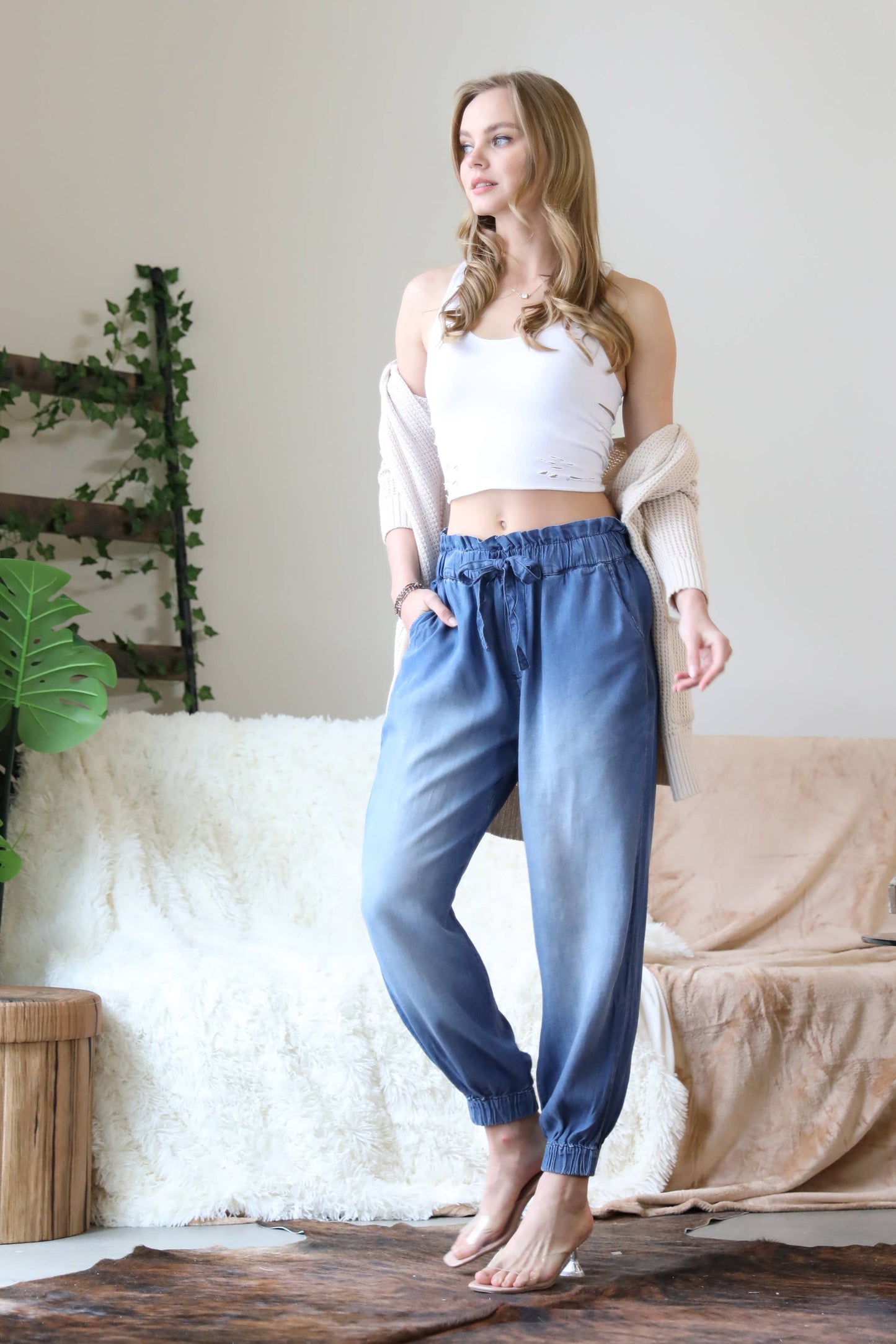 CHAMBRAY PAPERBAG WAIST JOGGER PANTS WITH POCKETS